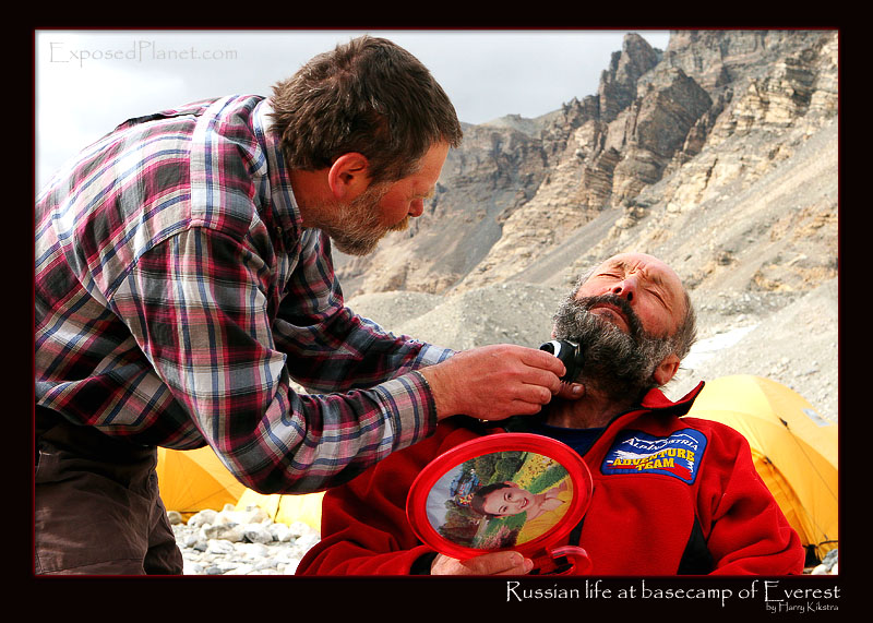 Russians trimming beards at Everest basecamp