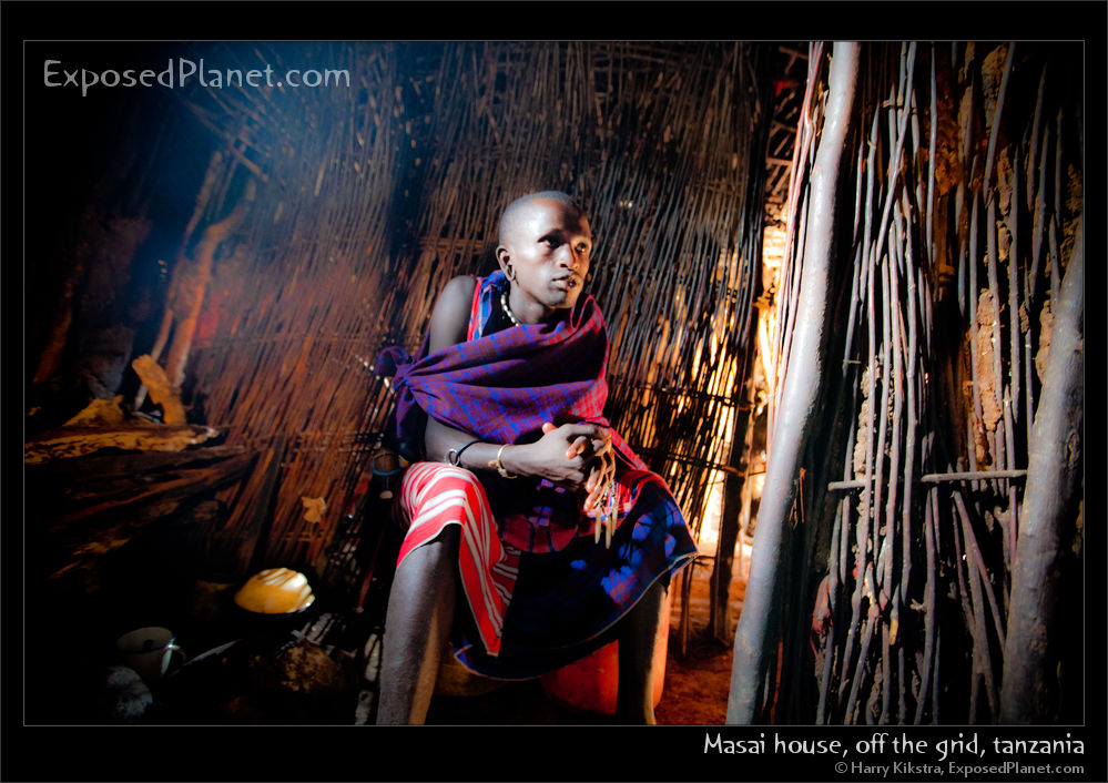 Inside a Masai house, Tanzania. About kerosene lamps and solar-powered LED lights
